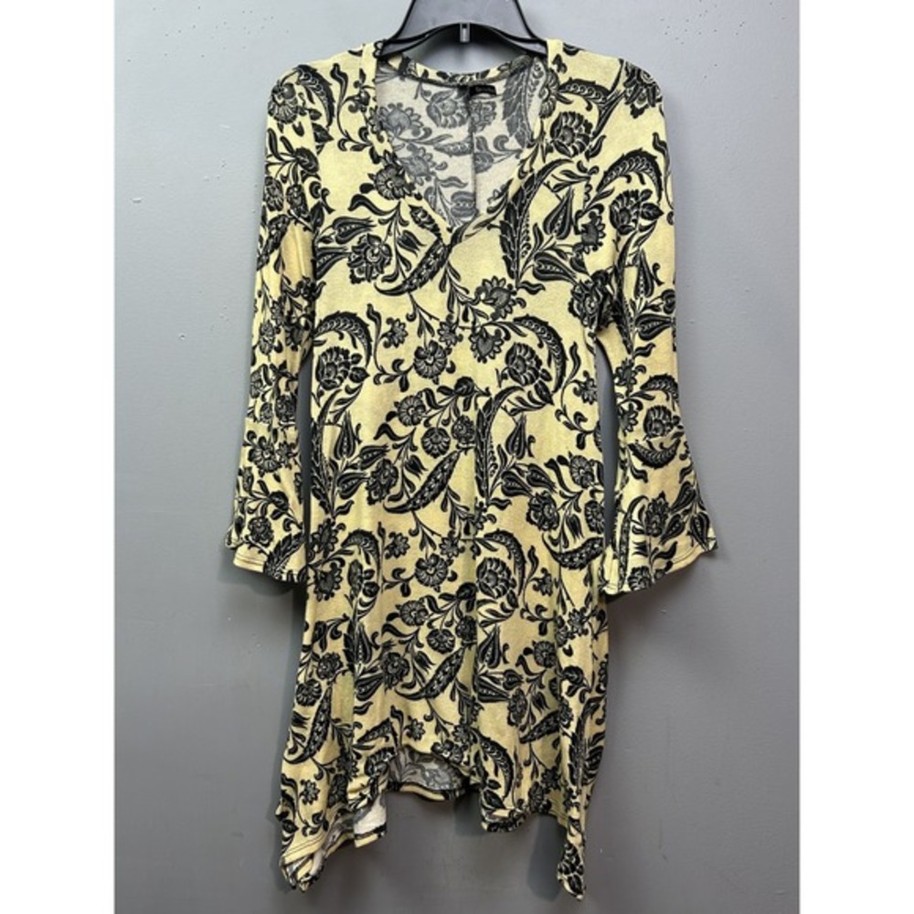 Emma Rose Dress Womens Small Yellow Black Floral Print Bell Sleeve Mini Stretchy